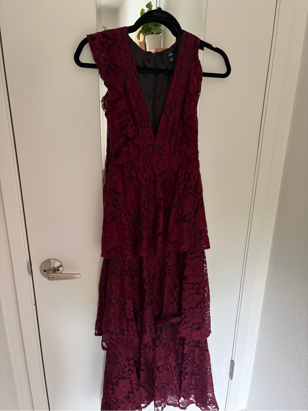 Lulu's Deep Wine Lace Tiered V-Neck Maxi Dress